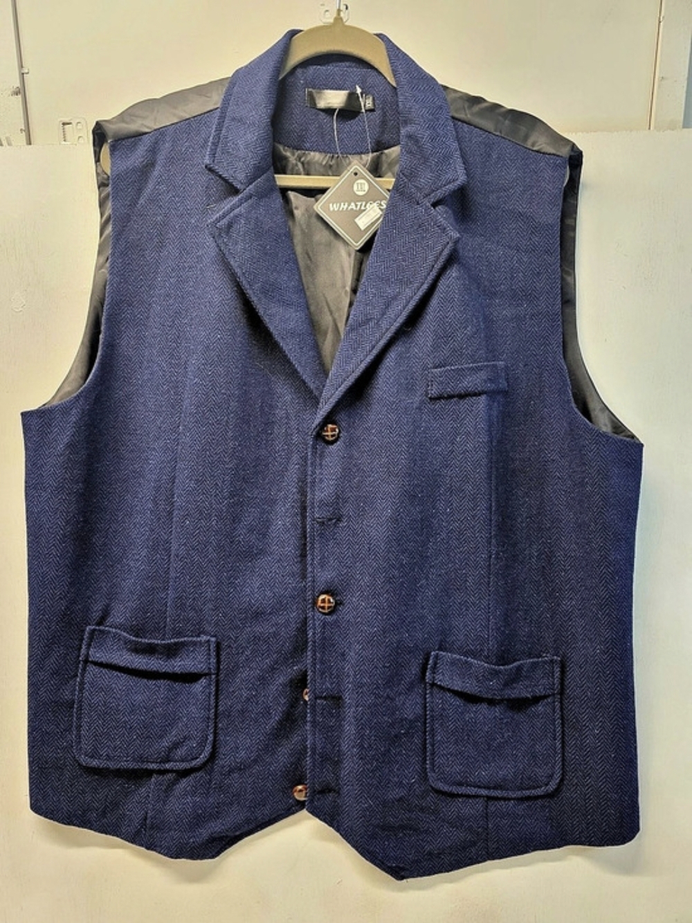 WHATLEES Men’s XXL Blue Herringbone Suit Vest Waistcoat NWT Satin Back